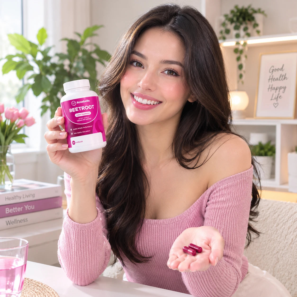 Woman holding Rosebella Beetroot capsules at home