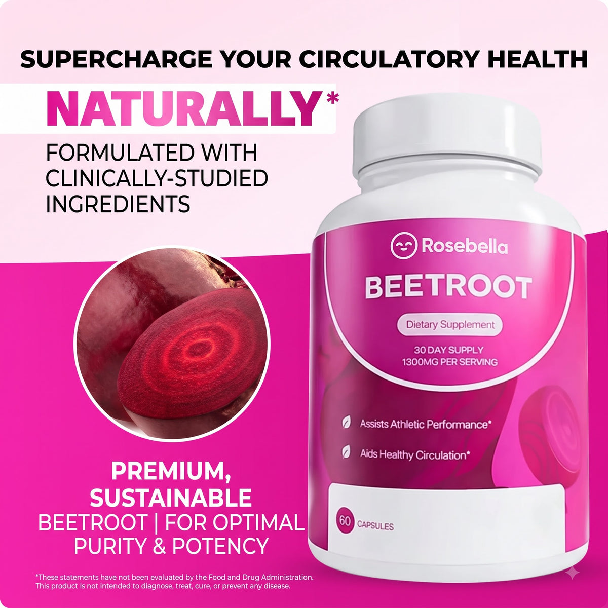 Rosebella Organic Beetroot Capsules (1300mg) for Blood Flow & Heart Health