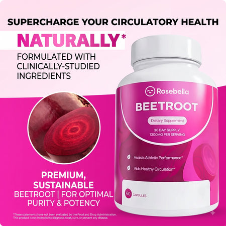 Rosebella Organic Beetroot Capsules (1300mg) for Blood Flow & Heart Health