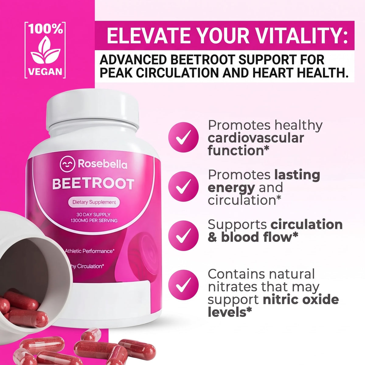 Rosebella Organic Beetroot Capsules (1300mg) for Blood Flow & Heart Health
