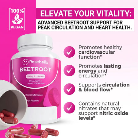 Rosebella Organic Beetroot Capsules (1300mg) for Blood Flow & Heart Health