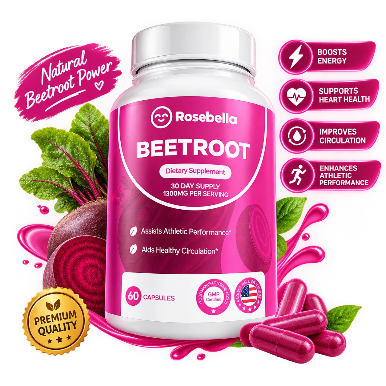 Rosebella Beetroot 1300mg dietary supplement bottle